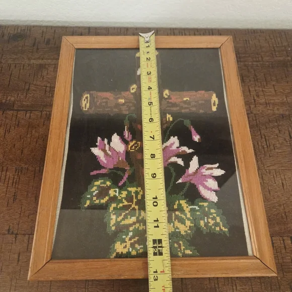 Vintage FramedNeedlepoint Needlework INRI Religious Cross Crucifix Flowers